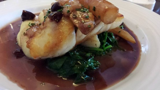 pan-fried turbot with lemon, salsify dates & red wine sauce