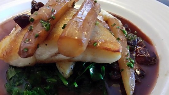pan-fried turbot with lemon, salsify dates & red wine sauce
