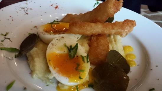 salt cod, scordalia & soft boiled eggs