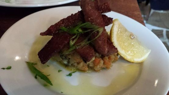 soutzouki sausage with smoked aubergine salad