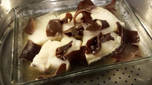 steamed cod with olive oil & soy sauce + wood fungus