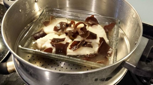 steamed cod with olive oil & soy sauce + wood fungus