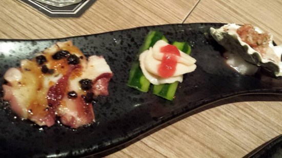 tako carpaccio, hotate baikinu & oyster salsa