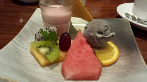 dessert - strawberry mousse, black sesame ice cream, fruits