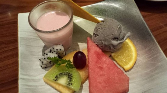 dessert - strawberry mousse, black sesame ice cream, fruits
