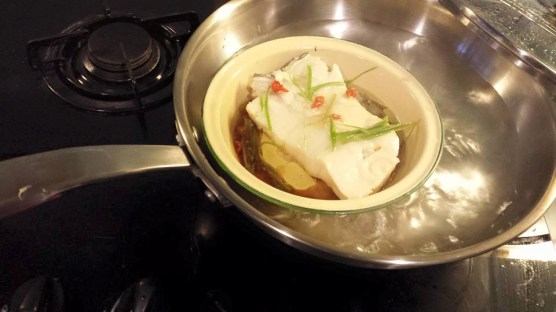 steamed cod in light soy sauce & olive oil