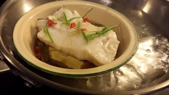 steamed cod in light soy sauce & olive oil