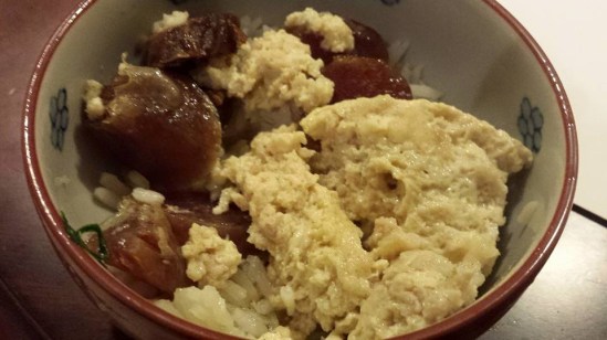 steamed egg with minced pork+chinese sausage on rice