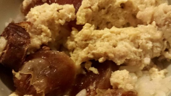 steamed egg with minced pork+chinese sausage on rice