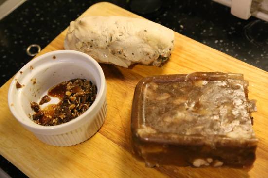 chicken ballotine, head cheese terrine (猪头冻) & ragout of pig's ear on toast