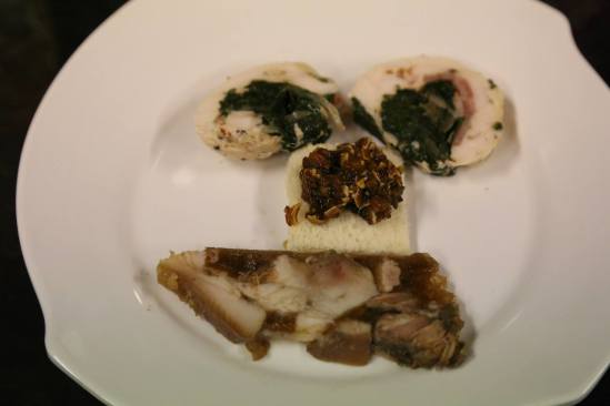 chicken ballotine, head cheese terrine (猪头冻) & ragout of pig's ear on toast