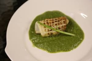 flamed squid in spinach veloute