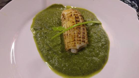flamed squid in spinach veloute