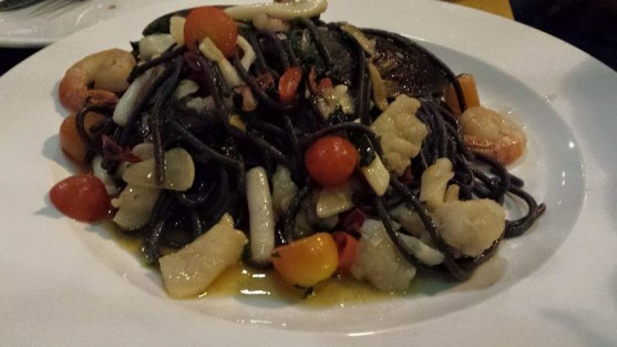 squid ink spaghetti with seafood alio olio
