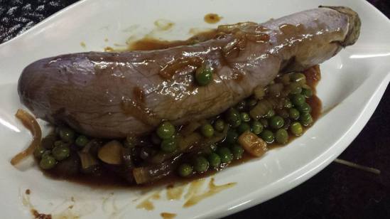 #6 steamed egg plant with peas & onion sauce