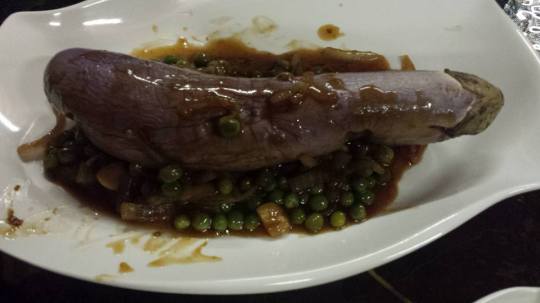 #6 steamed egg plant with peas & onion sauce