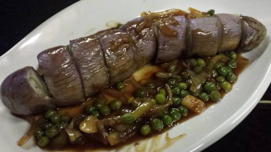 #6 steamed egg plant with peas & onion sauce