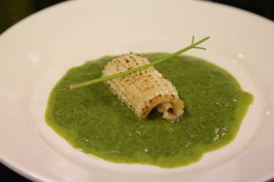 #6 flamed squid in spinach veloute