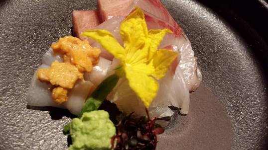 sashimi moriawase - otoro, uni, ika, hamachi, hirame