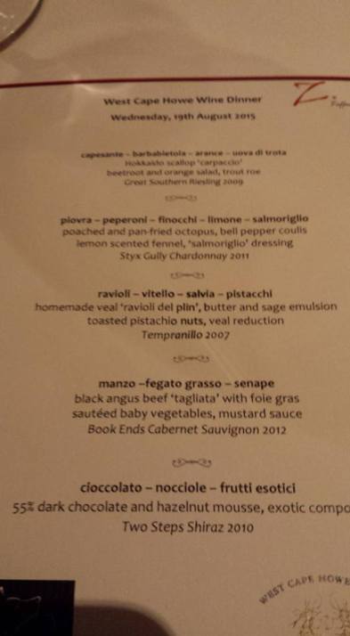 zafferano west cape howe wine dinner menu