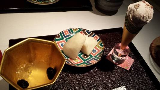 #12 - dessert = black beans yuzu jelly, japanese pear, red beans ice cream