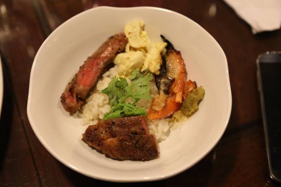 #5 wagyu ribeye & black angus ribeye steak don with miso salmon belly