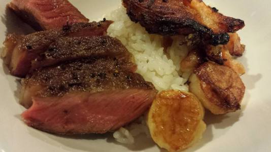 beef miso salmon belly scallop don