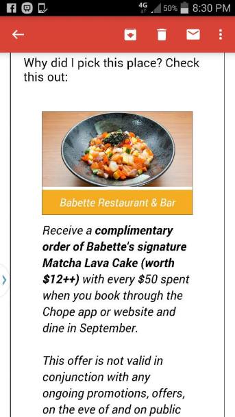 chope's promotion - does not honour chope's offer of complimentary lava cake for every S$50 spent frown emoticon
