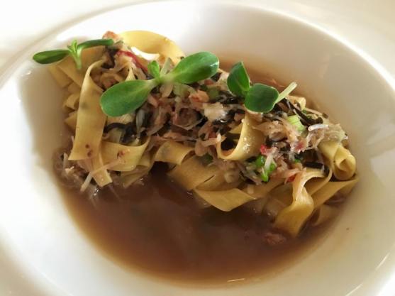alaskan king crab tagliatelle. pork broth