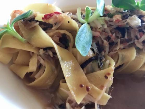 alaskan king crab tagliatelle. pork broth