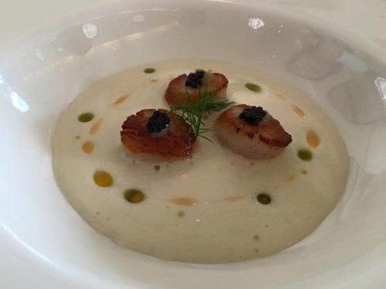 seared bay scallops. white choc veloute