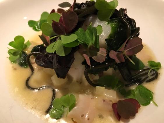 black cod. nori butter. cockles. cucumber