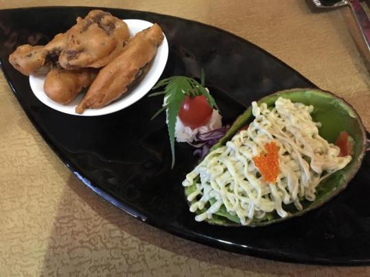 mushroom fritters & seafood salad