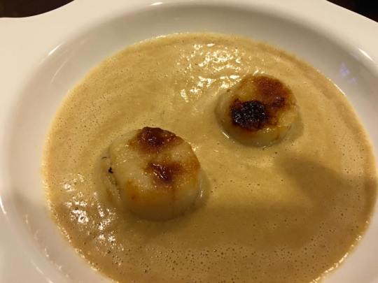 pan seared scallops in prawn vegetable veloute
