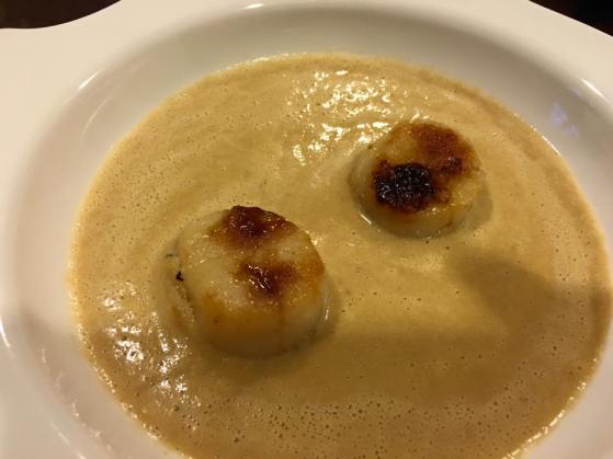 pan seared scallops in prawn vegetable veloute