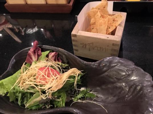 prawn crackers & salad with goma dressing