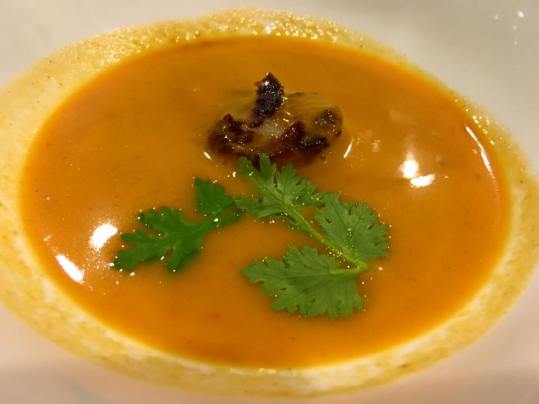 pan seared scallops in prawn veg bisque