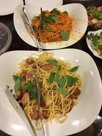 cheese sausage pasta & prawn linguine in pink sauce