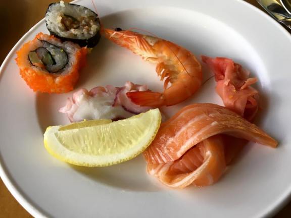 maki, prawn, tako, salmon sashimi, pickled ginger