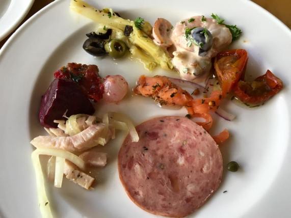 root veg confit, asparagus, amerircan prawn salad, sundried tomatoes, salami, turkey salad