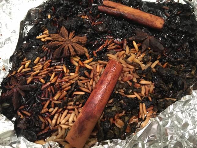 cinnamon bark, star anise, cloves, tea, rice, brown sugar for smoking