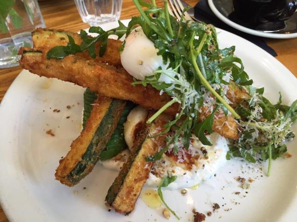 courgette fritters, lots of avocado