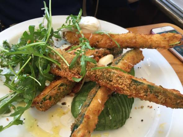 courgette fritters, lots of avocado