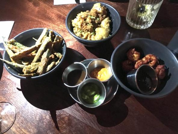 egg plant, calamari, prawns