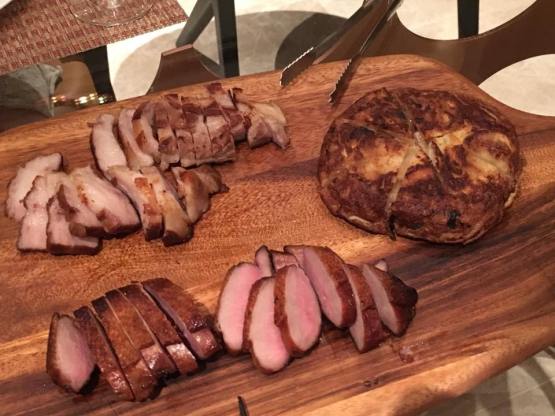 Smoked duck. mock kurobuta, spanish omelette