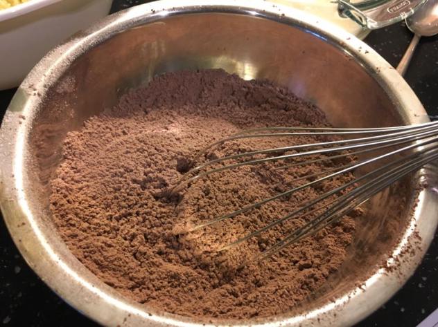 mixed cocoa, flour, baking powder, baking soda, salt, sugar