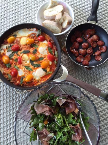 shakshuka, chorizo, pama ham rockets, baguette