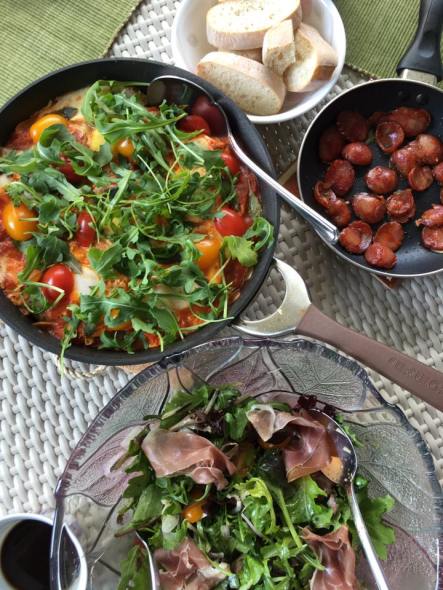 shakshuka, chorizo, pama ham rockets, baguette
