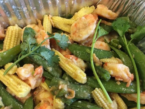sweat peas baby corns with prawns