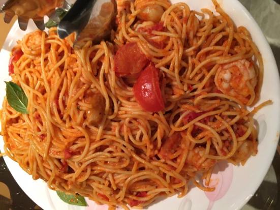 prawn spaghetti in pink sauce